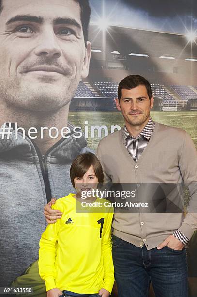 Iker Casillas and Hugo present his Short Film 'Heroes Terrenales' at Corte Ingles Castellana store on November 7, 2016 in Madrid, Spain.