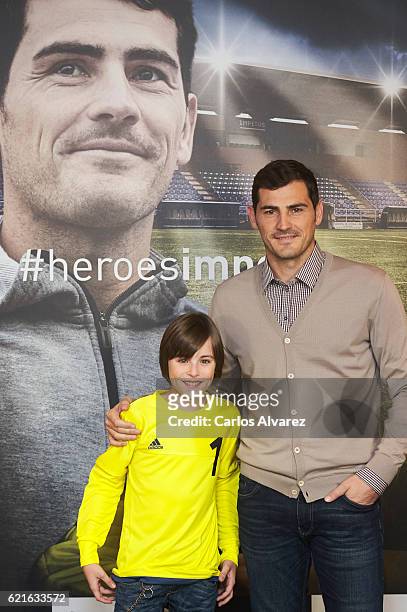 Iker Casillas and Hugo present his Short Film 'Heroes Terrenales' at Corte Ingles Castellana store on November 7, 2016 in Madrid, Spain.
