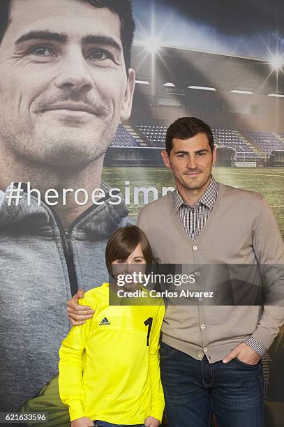 Iker Casillas and Hugo present his Short Film 'Heroes Terrenales' at Corte Ingles Castellana store on November 7, 2016 in Madrid, Spain.