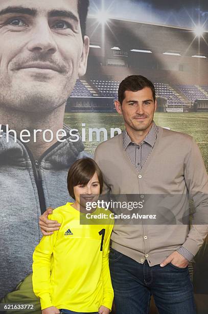 Iker Casillas and Hugo present his Short Film 'Heroes Terrenales' at Corte Ingles Castellana store on November 7, 2016 in Madrid, Spain.