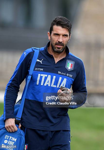 Gianluigi Buffon of Italy looks on prior to the training session at the club's training ground at Coverciano on November 7, 2016 in Florence, Italy.