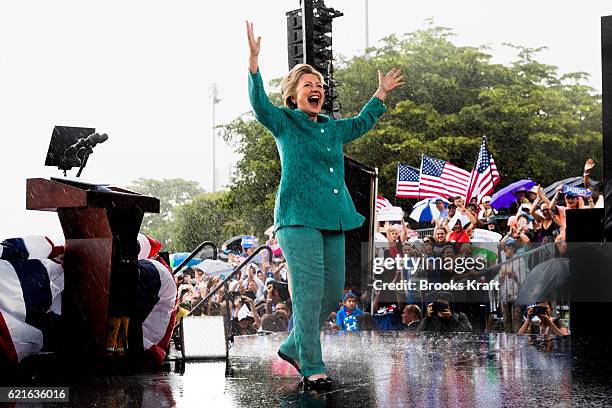 Democratic Presidential candidate Hillary Clinton during a campaign rally that was interrupted by rain, November 5, 2016 in Miami, Florida