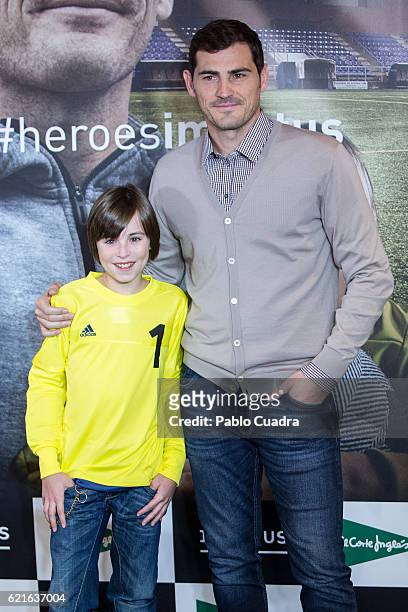 Iker Casillas and Hugo present their short film 'Heroes Terrenales' at 'El Corte Ingles' Store on November 7, 2016 in Madrid, Spain.