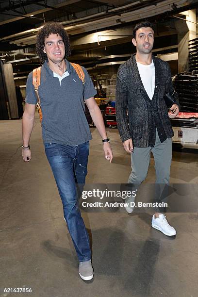 Anderson Varejao and Zaza Pachulia of the Golden State Warriors arrive at the STAPLES Center before the game against the Los Angeles Lakers on...