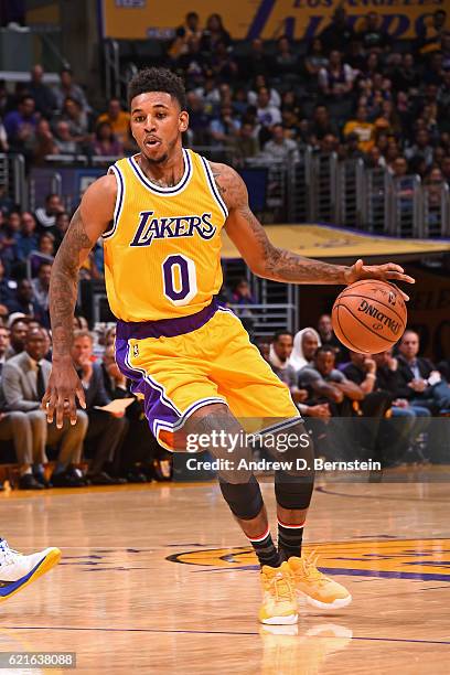 Nick Young of the Los Angeles Lakers dribbles the ball against the Golden State Warriors on November 4, 2016 at STAPLES Center in Los Angeles,...