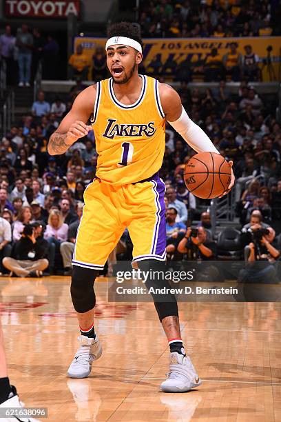 Angelo Russell of the Los Angeles Lakers dribbles the ball against the Golden State Warriors on November 4, 2016 at STAPLES Center in Los Angeles,...