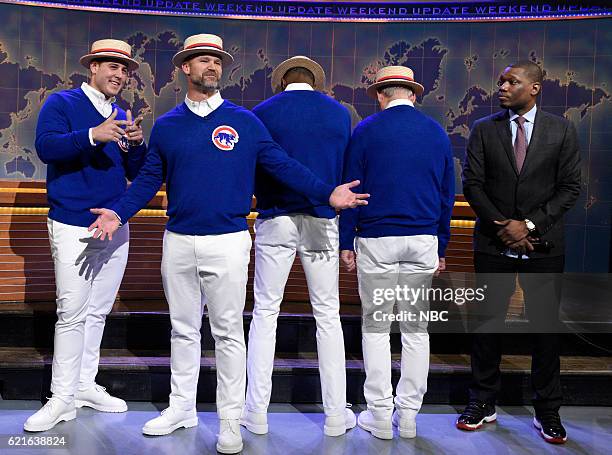 Benedict Cumberbatch" Episode 1709 -- Pictured: Chicago Cubs players Anthony Rizzo, David Ross, and Dexter Fowler with Bill Murray and Michael Che...