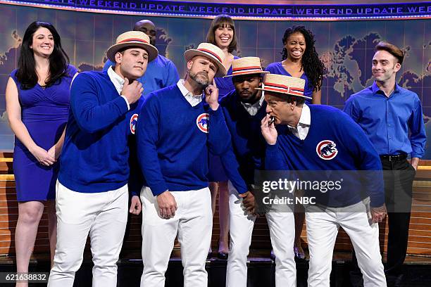 Benedict Cumberbatch" Episode 1709 -- Pictured: Chicago Cubs players Anthony Rizzo, David Ross, and Dexter Fowler sing with Bill Murray during...