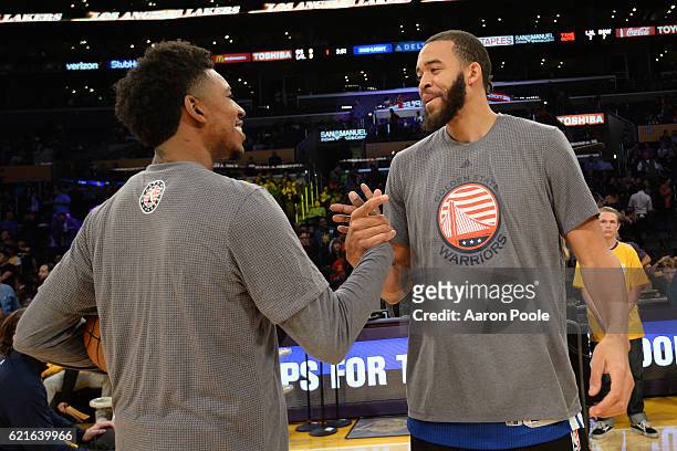 Nick Young of the Los Angeles Lakers shakes hands with JaVale McGee of the Golden State Warriors before the game on November 4, 2016 at STAPLES...