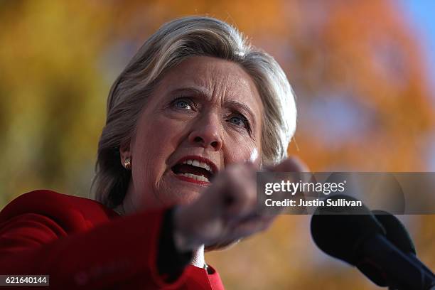 Democratic presidential nominee former Secretary of State Hillary Clinton speaks during a campaign rally on November 7, 2016 in Pittsburgh,...