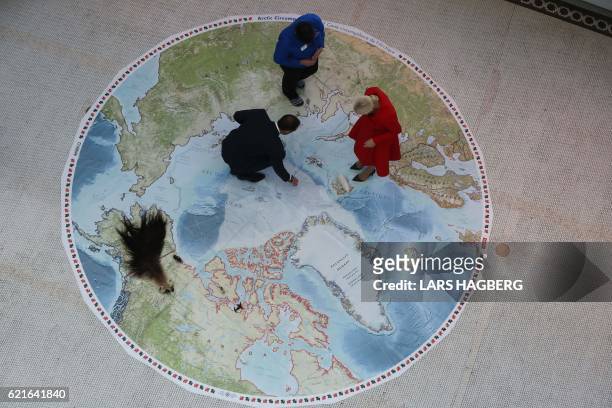Crown Prince Haakon of Norway and his wife Crown Princess Mette-Marit look at an artic map of the world with the museum official Kasia Majewski at...