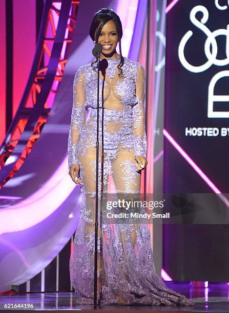 Actress Elise Neal speaks onstage during the 2016 Soul Train Music Awards at the Orleans Arena on November 6, 2016 in Las Vegas, Nevada.