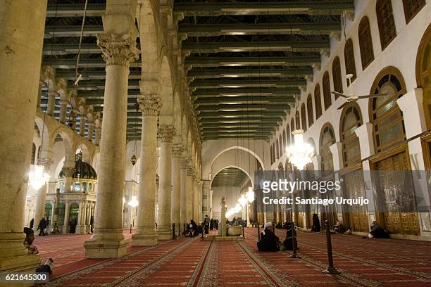 muslims praying at umayyad mosque - umayyad mosque stock-fotos und bilder