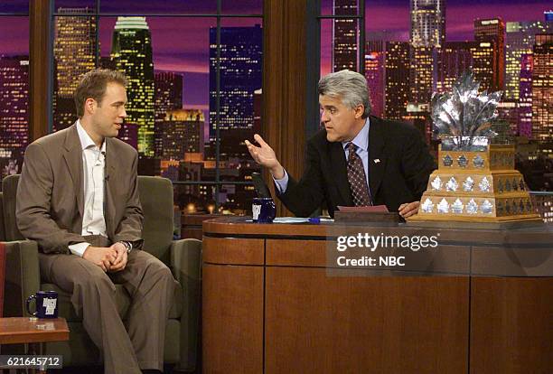 Episode 2503 -- Pictured: Professional ice hockey player Jean-Sebastien Giguere during an interview with host Jay Leno on June 10, 2003 --