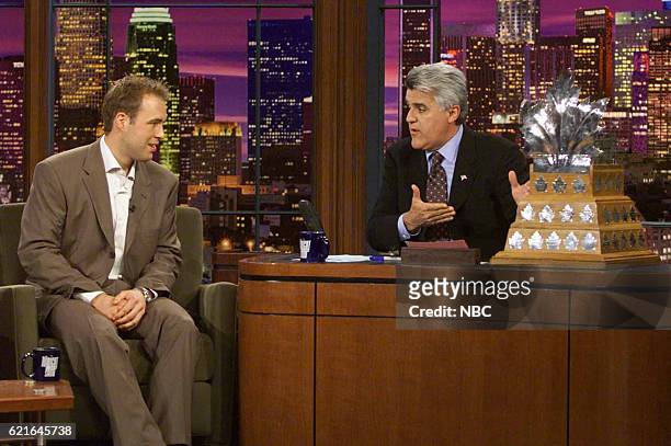 Episode 2503 -- Pictured: Professional ice hockey player Jean-Sebastien Giguere during an interview with host Jay Leno on June 10, 2003 --