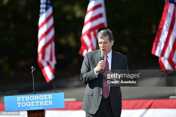 Candidate for North Carolina Governor and NC Attorney General Roy Cooper delivers a speech as Democratic vice presidential candidate Tim Kaine...