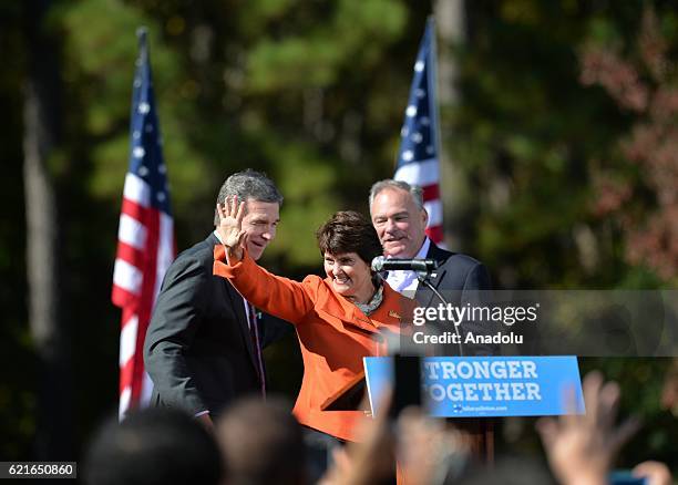 Candidate for North Carolina Governor and NC Attorney General Roy Cooper , Democratic vice presidential candidate Tim Kaine and his wife Anne Holton...