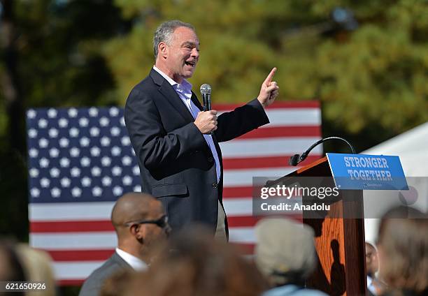 Democratic vice presidential candidate Tim Kaine delivers a speech during a campaign event in support of Democratic presidential candidate Hillary...