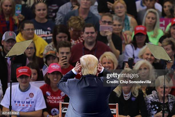 Republican presidential nominee Donald Trump holds a campaign rally at the J.S. Dorton Arena November 7, 2016 in Raleigh, North Carolina. With less...