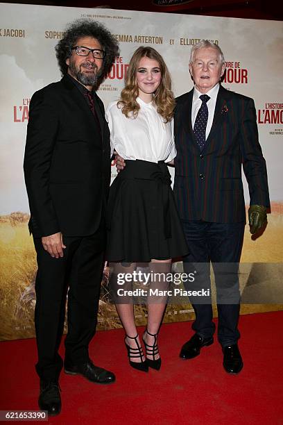 Director Radu Mihaileanu, actress Sophie Nelisse and Sir Derek Jacobi attend the 'L'Histoire de l'Amour' Premiere at Gaumont Capucines on November 7,...