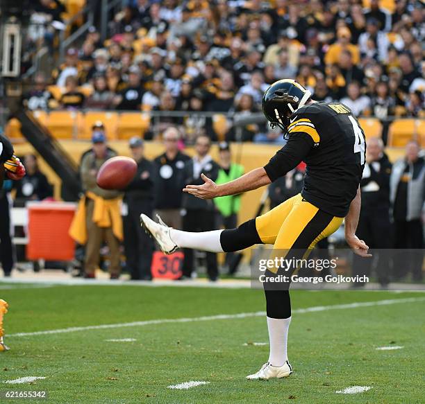 Punter Jordan Berry of the Pittsburgh Steelers punts during a game against the New England Patriots at Heinz Field on October 23, 2016 in Pittsburgh,...