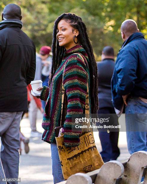 Rihanna is seen filming 'Ocean's 8' in Central Park on November 7, 2016 in New York City.