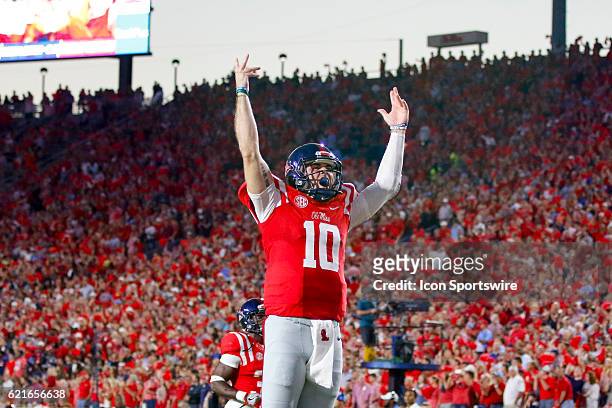 Ole Miss Rebels quarterback Chad Kelly attempts to rally the student section before the football game between Auburn and Ole Miss on October 29 at...