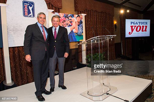 Incoming PGA TOUR Commissioner Jay Monahan, left, poses with outgoing Commissioner Tim Finchem during the PGA TOUR You Employee Meeting in the Ponte...