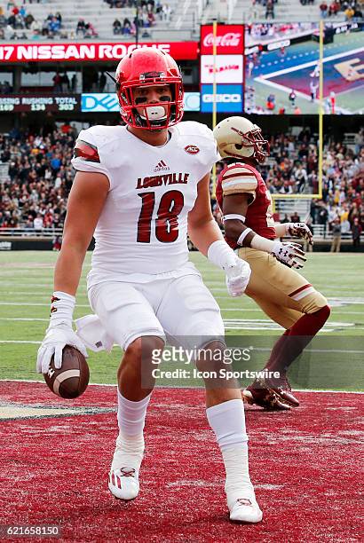 Louisville Cardinals tight end Cole Hikutini scores six points during an ACC Division 1 NCAA football game between the Louisville Cardinals and the...