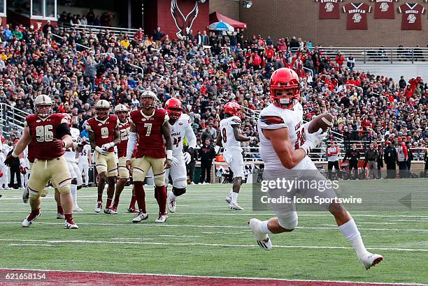 Louisville Cardinals tight end Cole Hikutini turns into the end zone after a reception during an ACC Division 1 NCAA football game between the...