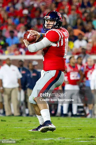Ole Miss Rebels quarterback Chad Kelly with a pass attempt during the football game between Auburn and Ole Miss on October 29 at Vaught-Hemingway...