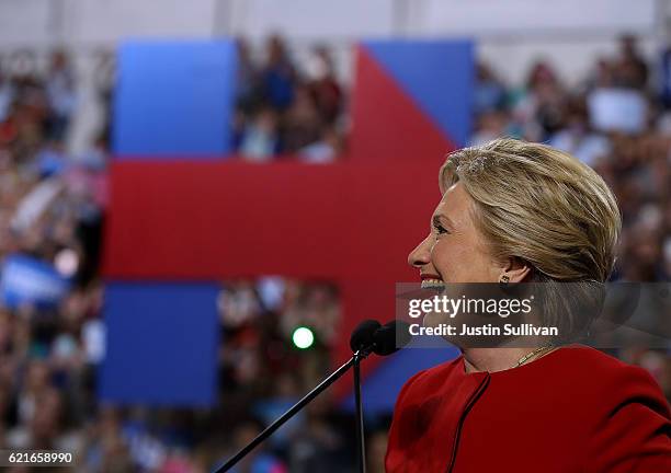 Democratic presidential nominee former Secretary of State Hillary Clinton speaks during a campaign rally at Grand Valley State University on November...