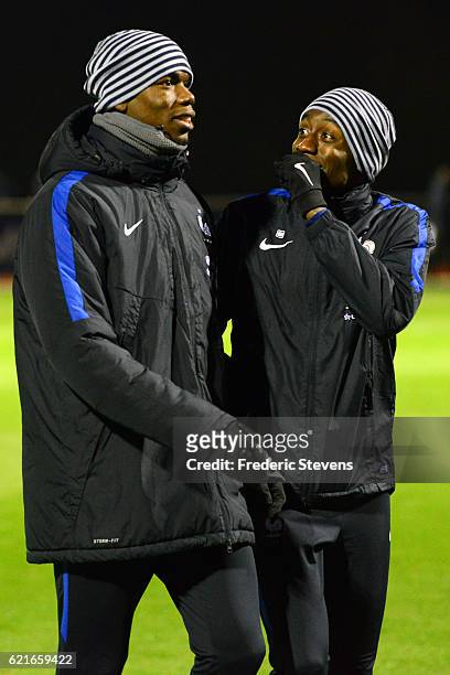 French Football Team midfielder Paul Pogba and Blaise Matuidi during the training session on November 7, 2016 in Clairefontaine, France. The first...