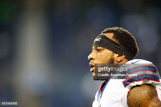 Wide receiver Percy Harvin of the Buffalo Bills warms up before a game against the Seattle Seahawks at CenturyLink Field on November 7, 2016 in...