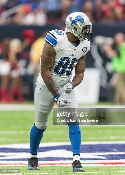 Detroit Lions tight end Eric Ebron waits for the snap of the ball during the NFL football game between the Detroit Lions and Houston Texans on...