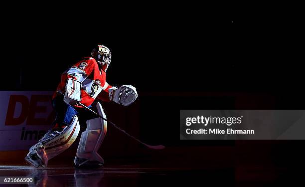 Roberto Luongo of the Florida Panthers takes the ice during a game against the Tampa Bay Lightning at BB&T Center on November 7, 2016 in Sunrise,...