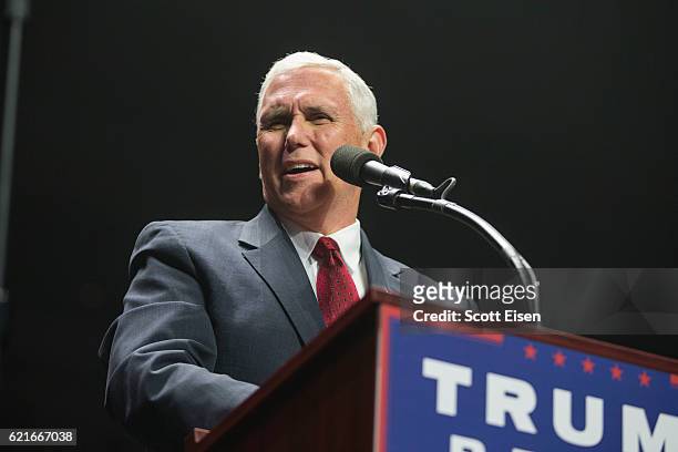 Indiana Governor Mike Pence, running mate of Republican Presidential nominee Donald J. Trump, speaks during a rally at the SNHU Arena on November 7,...