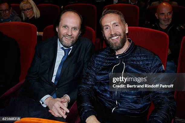 Producer Jean-Marc Dumontet and Autor Philippe Caveriviere attend the "Ma famille t'adore deja' Paris Premiere at Cinema Elysee Biarritz on November...