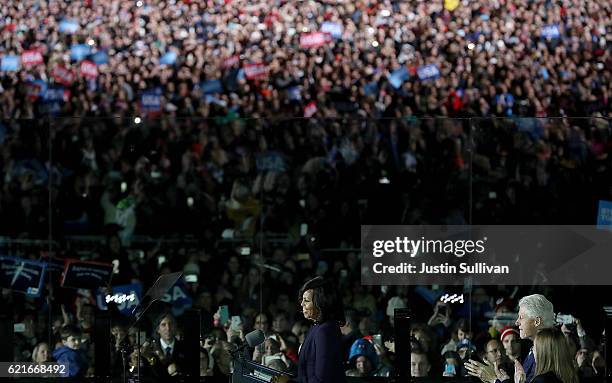 First Lady Michelle Obama speaks during a campaign rally with Democratic presidential nominee former Secretary of State Hillary Clinton and U.S....