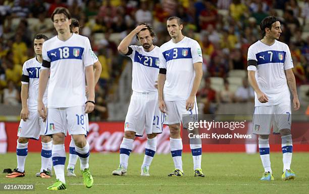 Brazil - Andrea Pirlo and other Italy players react after Leonardo Bonucci missed a penalty kick in a Confederations Cup semifinal in Fortaleza,...