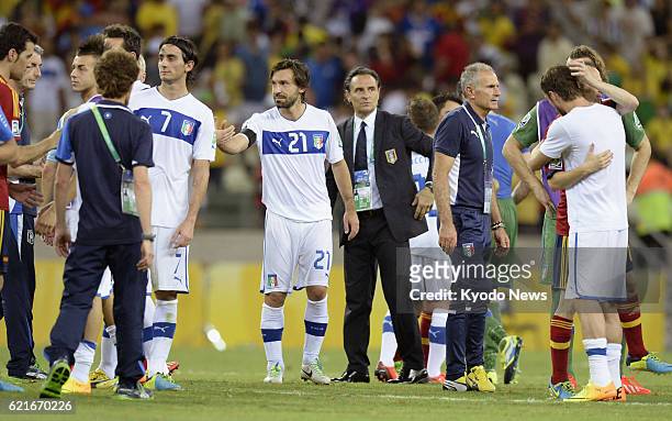 Brazil - Andrea Pirlo and other Italy players and coach Cesare Prandelli react after losing to Spain in a Confederations Cup semifinal in Fortaleza,...