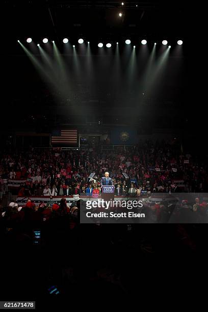 Republican presidential candidate Donald Trump speaks speaks during a rally at the SNHU Arena on November 7, 2016 in Manchester, New Hampshire. With...