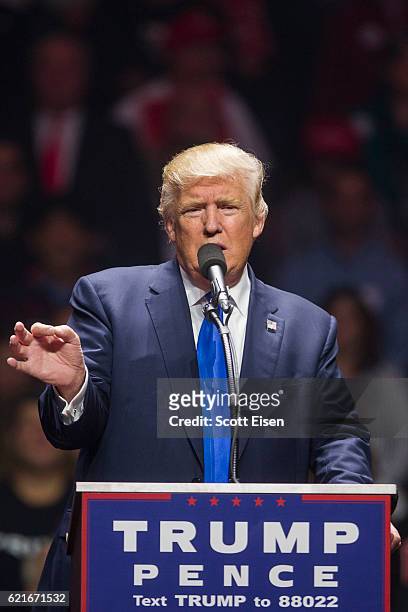 Republican presidential candidate Donald Trump speaks during a rally at the SNHU Arena on November 7, 2016 in Manchester, New Hampshire. With one day...