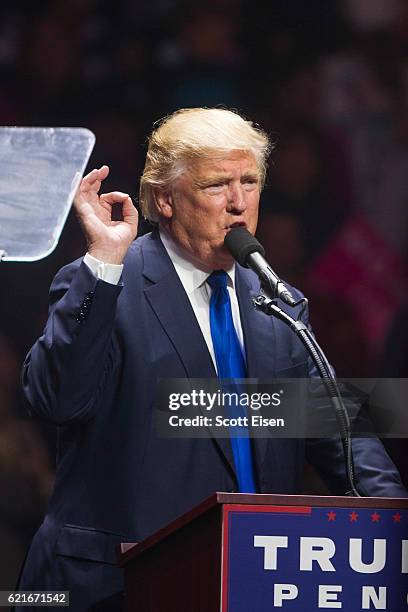 Republican presidential candidate Donald Trump speaks during a rally at the SNHU Arena on November 7, 2016 in Manchester, New Hampshire. With one day...