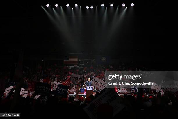 Republican presidential nominee Donald Trump holds a campaign rally at the SNHU Arena November 7, 2016 in Manchester, New Hampshire. With less than...