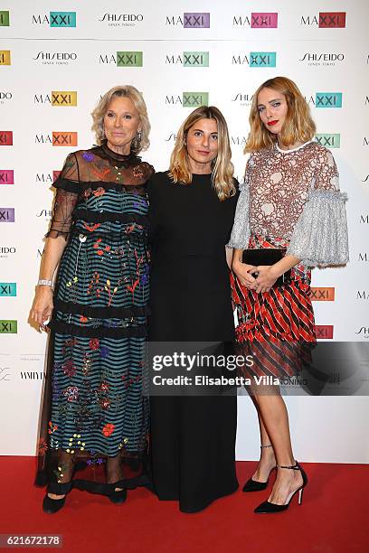 Giovanna Melandri, President of Fondazione MAXXI, Monica Sarti and Candela Novembre attend a photocall for the MAXXI Acquisition Gala Dinner 2016 at...