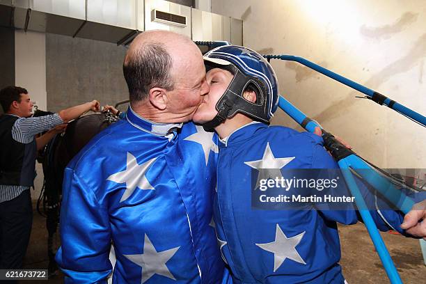 Mark Purdon and Natalie Rasmussen of the All Stars stable embrace after finishing first & second in Race 7 Sires Stakes during New Zealand Trotting...