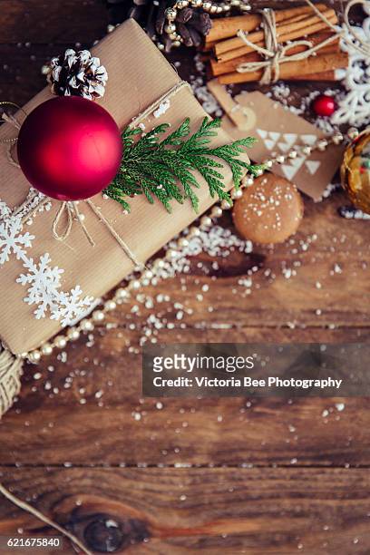 christmas decoration over grunge wooden background - seville christmas stock pictures, royalty-free photos & images