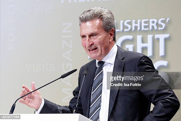 Guenther Oettinger gives a speech during the VDZ Publishers' Night 2016 at Deutsche Telekom's representative office on November 7, 2016 in Berlin,...