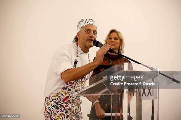Master Chef Moreno Cedroni holds a speech with Giovanna Melandri, President of Fondazione MAXXI, during the MAXXI Acquisition Gala Dinner 2016 at...